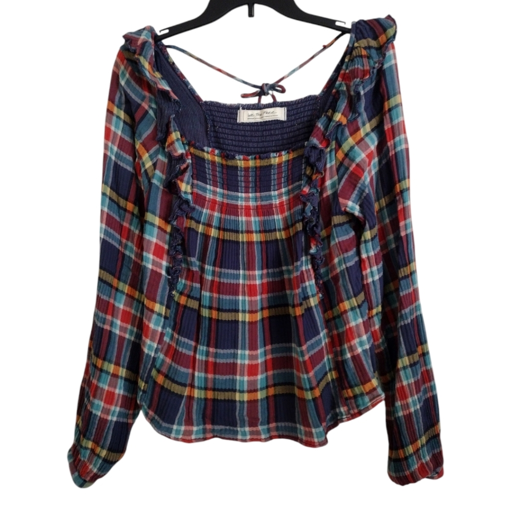 We the Free multicolor plaid top with ruffles cutout & tie back of neck Medium